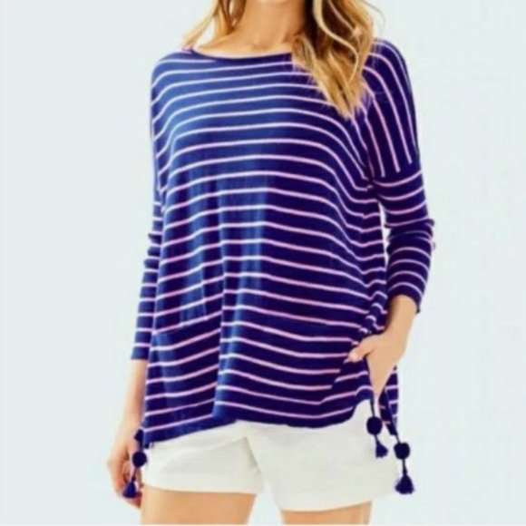 Lilly Pulitzer Sweaters - LILLY PULITZER Elba Oversized Poncho Pullover Sweater Blue/Pink Stripe Tasseled